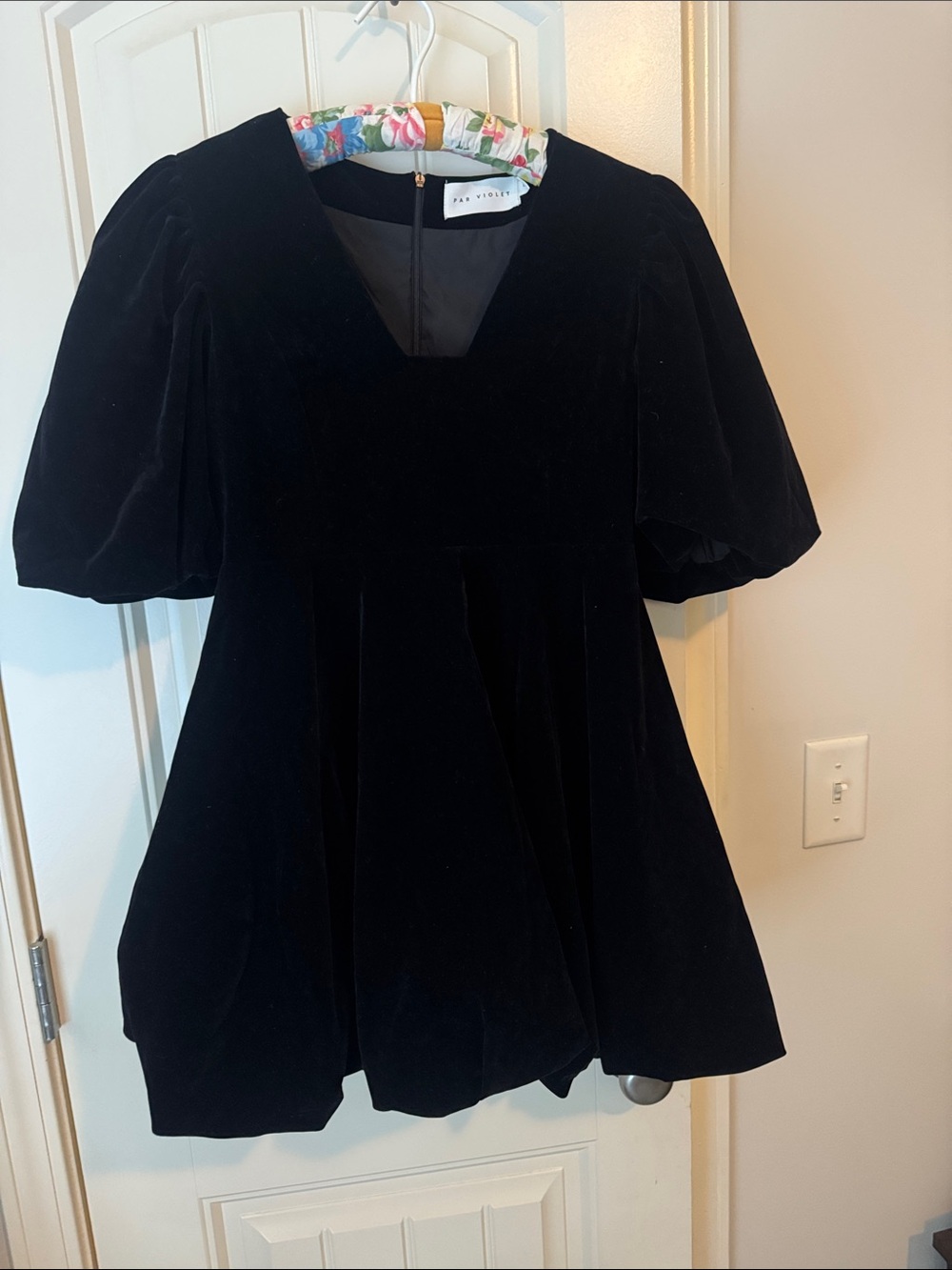 Black Velvet Puff-Sleeve Mini Dress by